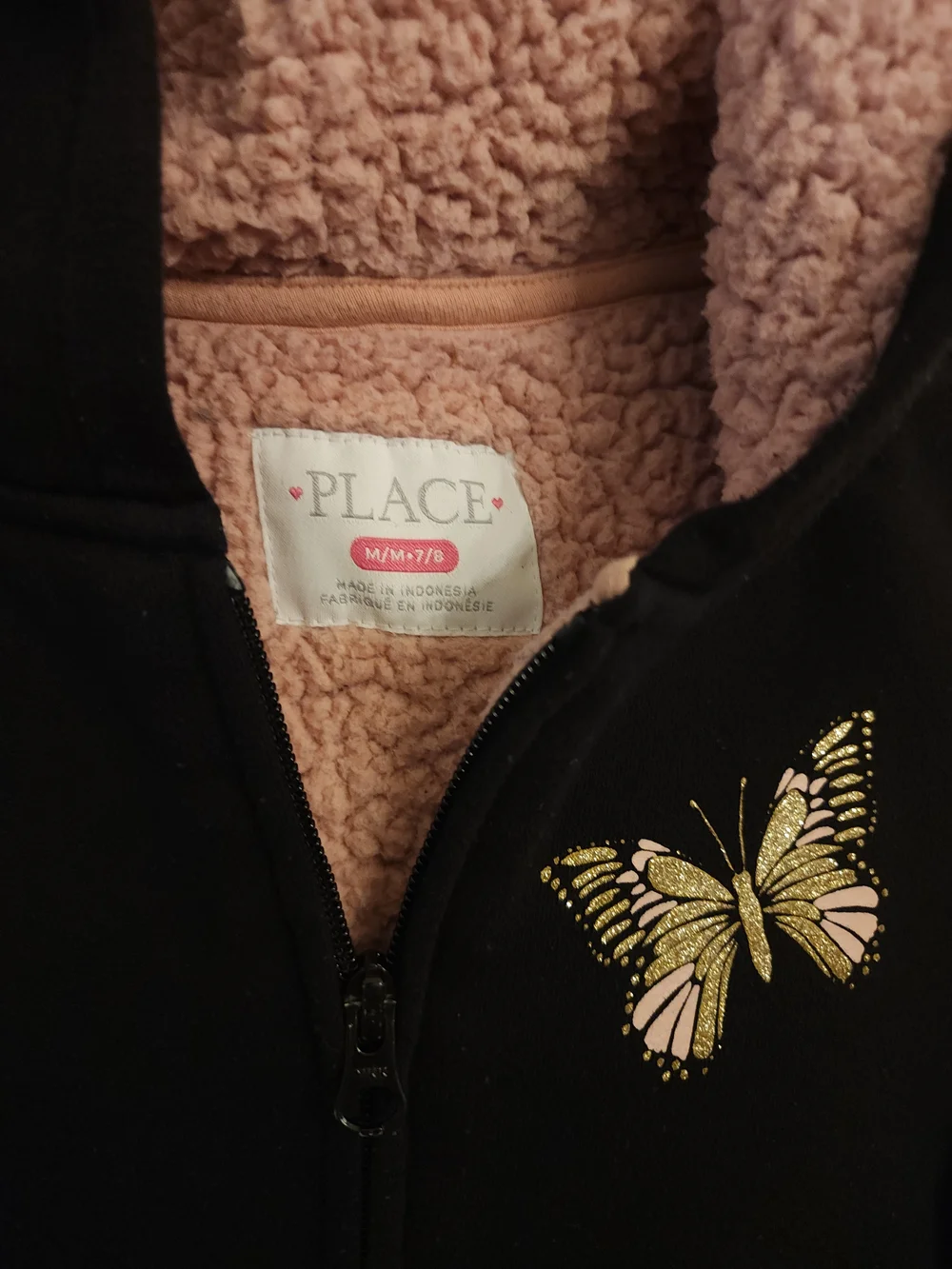The CHILDREN'S PLACE Black Jacket with Pink Sherpa and Gold Butterfly